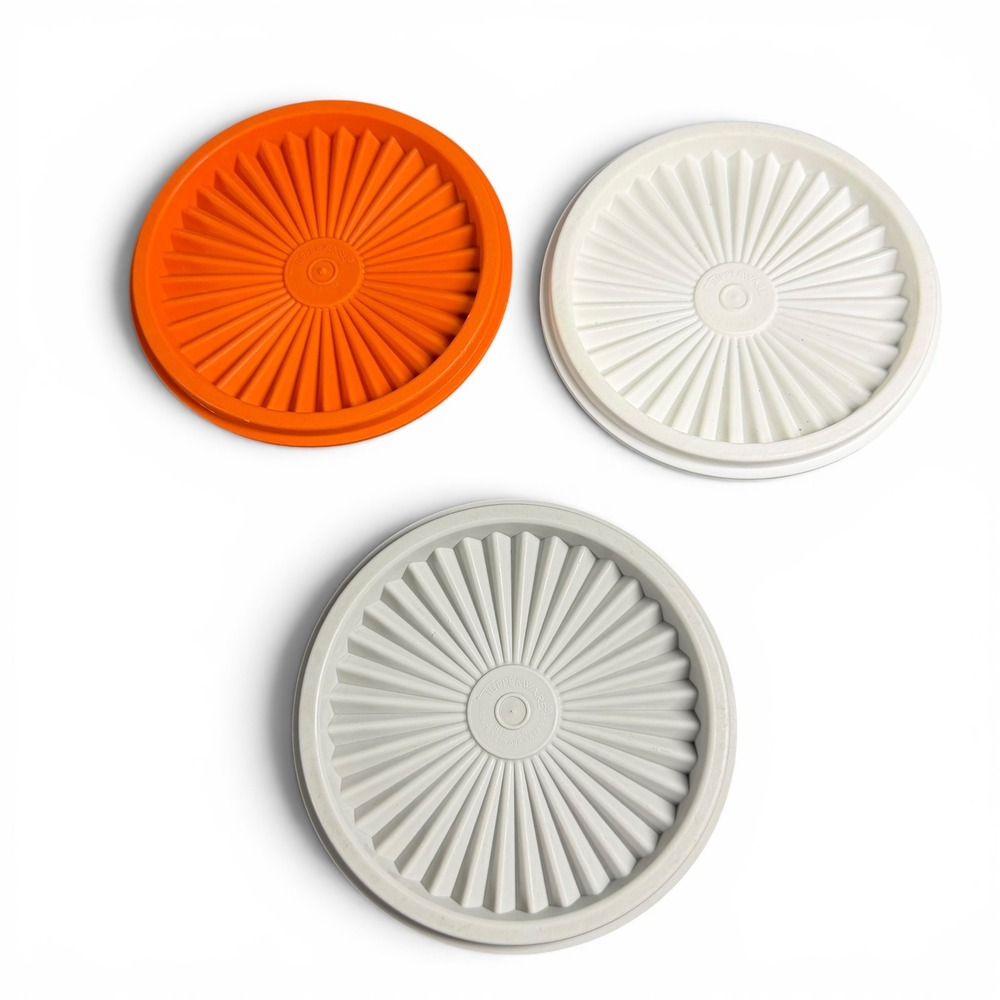 Vintage Tupperware Servalier Sunburst Replacement Lid Set of 3 Orange White Gray